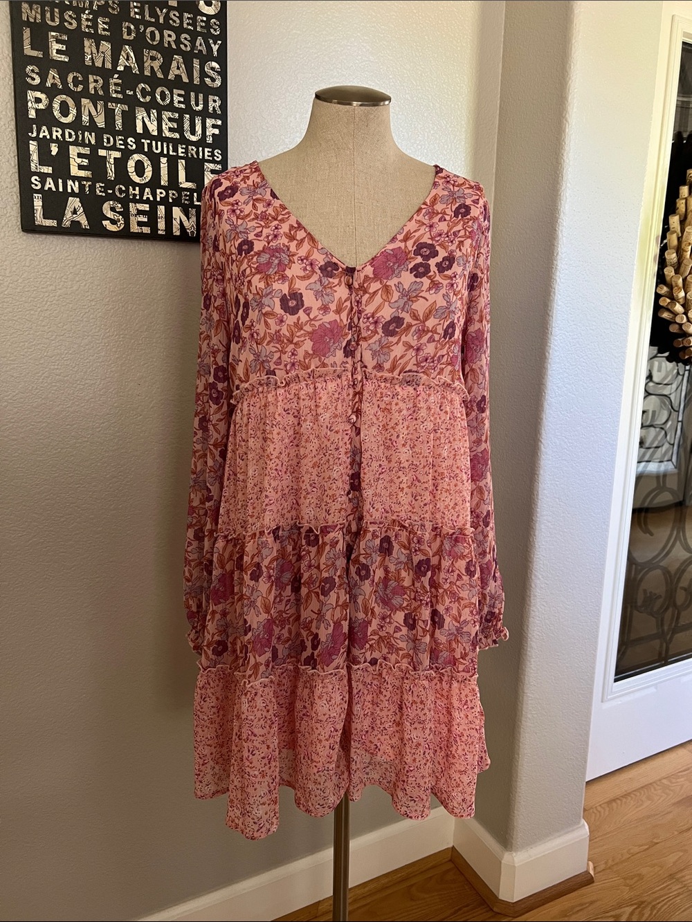 Floral Tiered V-Neck Women's Dress in Pink